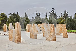 Sculptural composition made of stone in front of the Knesset building in Jerusalem