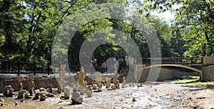 Sculptural ensemble, a composition of balancing stones in the `Resort Park` - Europe, Russia, Stavropol Territory, the resort city