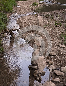 Sculptural ensemble, a composition of balancing stones in the `Resort Park` - Europe, Russia, Stavropol Territory, the resort city