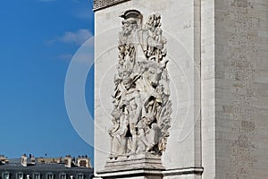 Sculptural group on the Triumphal Arch in Paris, France. La Paix 1815 by Antoine Etex. Commemorates the Treaty of Paris,