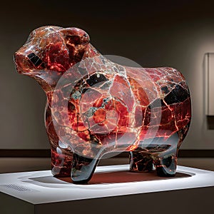 Sculptural obsidian wolf on pedestal, dramatic lighting, jagged edges, internal glow