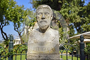 Sculptural representation of Pythagoras Pitagora, Greek philosopher and mathematician