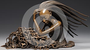 A sculptural representation of a young Asian woman grappling with hair loss, her hand, AI generated