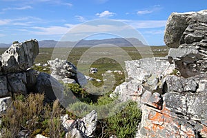 Sculptural rock formation with fynbos view