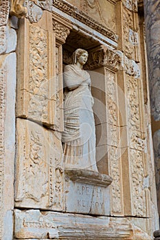 Sculpture of Arete on restored facade of Celsus Library in Ephesus, Turkey