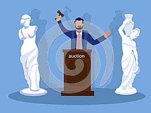 Sculpture Auction, winner. In minimalist style. Cartoon flat vector