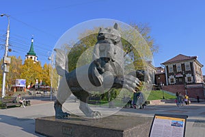 Sculpture Babr with sable in teeth. The symbol of the Irkutsk region in the city center, Russia