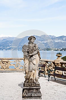 Sculpture on the balcony overlooking Lake Como. Villa Balbianello, Italy