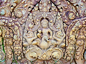 Sculpture in Banteay Srei ruins temple