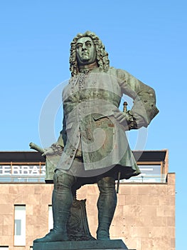 Sculpture of baroque composer George Frideric Handel in german Georg Friedrich Haendel in Halle (Saale