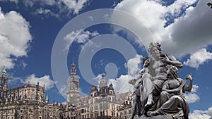 Sculpture on the Bruhl Terrace and Hofkirche or Cathedral of Holy Trinity - baroque church in Dresden, Sachsen, Germany