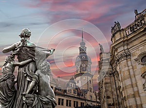 Sculpture on the Bruhl Terrace and Hofkirche or Cathedral of Holy Trinity - Dresden, Sachsen, Germany