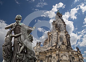 Sculpture on the Bruhl Terrace and Hofkirche or Cathedral of Holy Trinity - Dresden, Sachsen, Germany