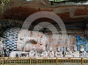 Sculpture of Buddha entered Nirvana at Dazu Rock Carvings at Mount Baoding or Baodingshan