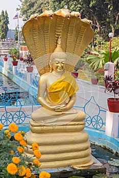 Sculpture of Buddha next to Wat Thai Sarnath Temple in Sarnath