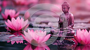 sculpture of buddha sitting on pink lotus lake