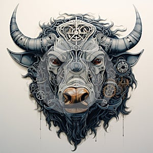 sculpture of a bull\'s head on a wall, digital art