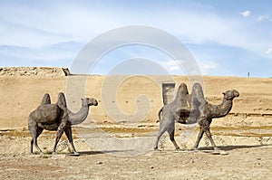 Sculpture of camels near the gosth town of Otrar, the ancient city along the Silk Road in Southern Kazakhstan