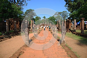 Sculpture carving ancient ruins antique building Prasat Banteay Srei or Banteay Srey temple of Angkor Wat for Cambodian people