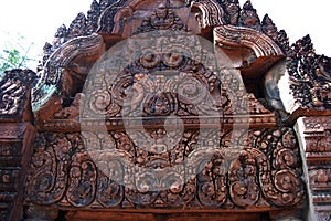 Sculpture carving ancient ruins antique building Prasat Banteay Srei or Banteay Srey temple of Angkor Wat for Cambodian people