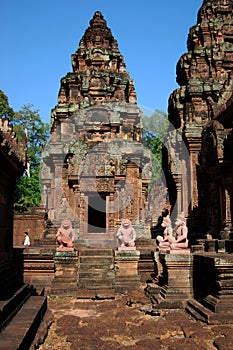 Sculpture carving ancient ruins antique building Prasat Banteay Srei or Banteay Srey temple of Angkor Wat for Cambodian people