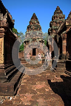 Sculpture carving ancient ruins antique building Prasat Banteay Srei or Banteay Srey temple of Angkor Wat for Cambodian people