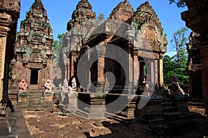 Sculpture carving ancient ruins antique building Prasat Banteay Srei or Banteay Srey temple of Angkor Wat for Cambodian people