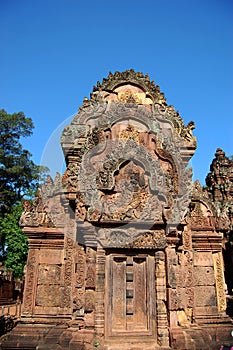 Sculpture carving ancient ruins antique building Prasat Banteay Srei or Banteay Srey temple of Angkor Wat for Cambodian people