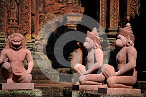 Sculpture carving ancient ruins antique building Prasat Banteay Srei or Banteay Srey temple of Angkor Wat for Cambodian people