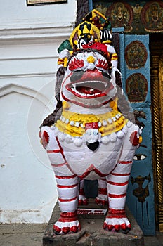 Sculpture carving ancient stone napali lion singha guardian statue at antique old antique Chok Hanuman Dhoka Royal Palace at