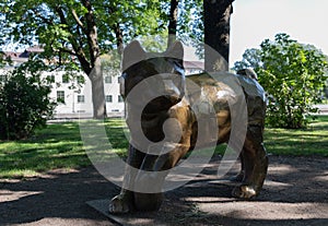 Sculpture of a cat Pelle without a tail. Uppsala. Sweden 08.2019