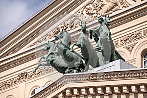 Sculpture of chariots on the facade of the building of The Bolshoi theater in Moscow