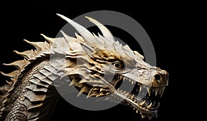 Sculpture of Chinese dragon head on a black background