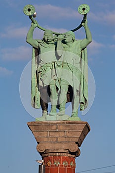 Sculpture in City Hall Square in Copenhagen, Denmark against a blue sky