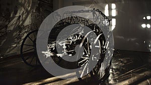 A sculpture of a decrepit carriage partially engulfed in shadows its twisted wheels and creaking hinges evoking a sense photo