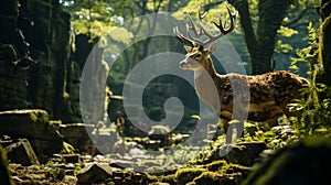 A sculpture of a deer in a forest. Generative AI.