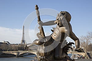 Sculpture and Eiffel Tower at Pont; Alexandre III Bridge; Paris