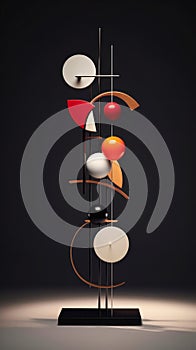 Sculpture explores closeup various shapes stand orange black white red wind chimes five planets color spectrum placed living room