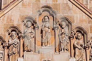 Sculpture on the facade of the Church of Jak in the City Park of Budapest