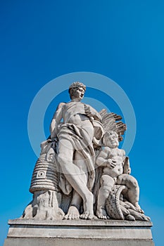 Sculpture of farmer and his scholar on Zoll Bridge in Magdeburg