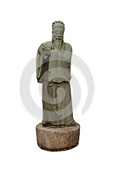 Sculpture figure granite carved antique Chinese philosopher holding a book isolated on white background.