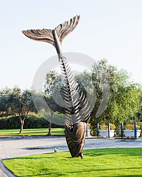 Sculpture of a fish skeleton at the entrance to an open-air fish restaurant in Turkey in the Rixos hotel chain