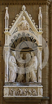 Sculpture of Four Crowned Martyrs or Four Saints, and masters of wood and stone workers, Orsanmichele church, Florence,