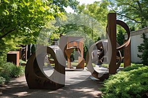 sculpture garden with a variety of sculptures, including abstract and representational pieces