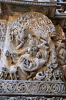 Sculpture of Goddess Sarswati dancing, Hoysaleshwara temple, Halebidu, Karnataka. view from West.