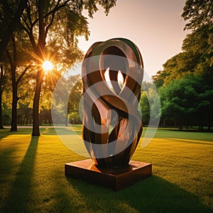 Sculpture at Golden Hour in Lush Green Park