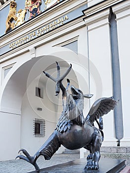 Sculpture Greif griffin at the city gate of Rostock, Germany