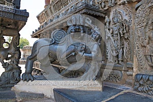 Sculpture of the Hoysala emblem at the Eastern entrance of Chennakeshava temple, Belur, Karnataka.