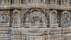 Sculpture of Indian Gods and war Scenes on the Javagal Temple Wall, Hassan, Karnataka