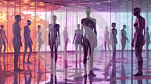 A sculpture installation consisting of real and reflected human figures displayed in a mirrored room. Allows reflection on